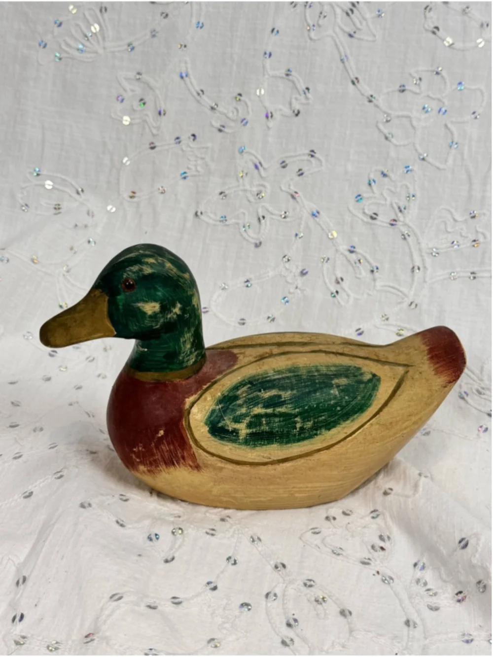 Vintage Hand Carved Painted Wood Mallard Duck | Rustic Folk Art Decoy Decor